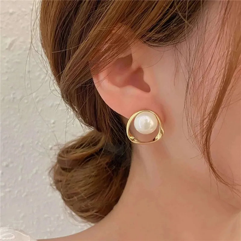 Lunarelle Elegant Gold Heart Pearl Studs – Korean Fashion Earrings for Women & Girls