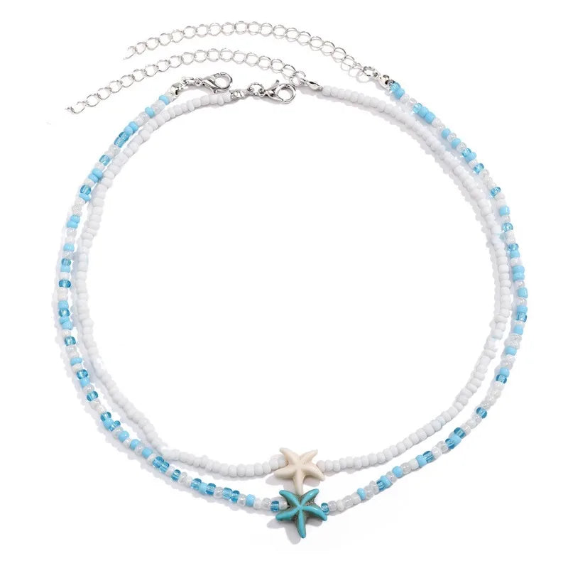 Lunarelle Tidepool Starfish Necklace – Boho Surf Beaded Choker with Turtle & Ocean-Inspired Charm