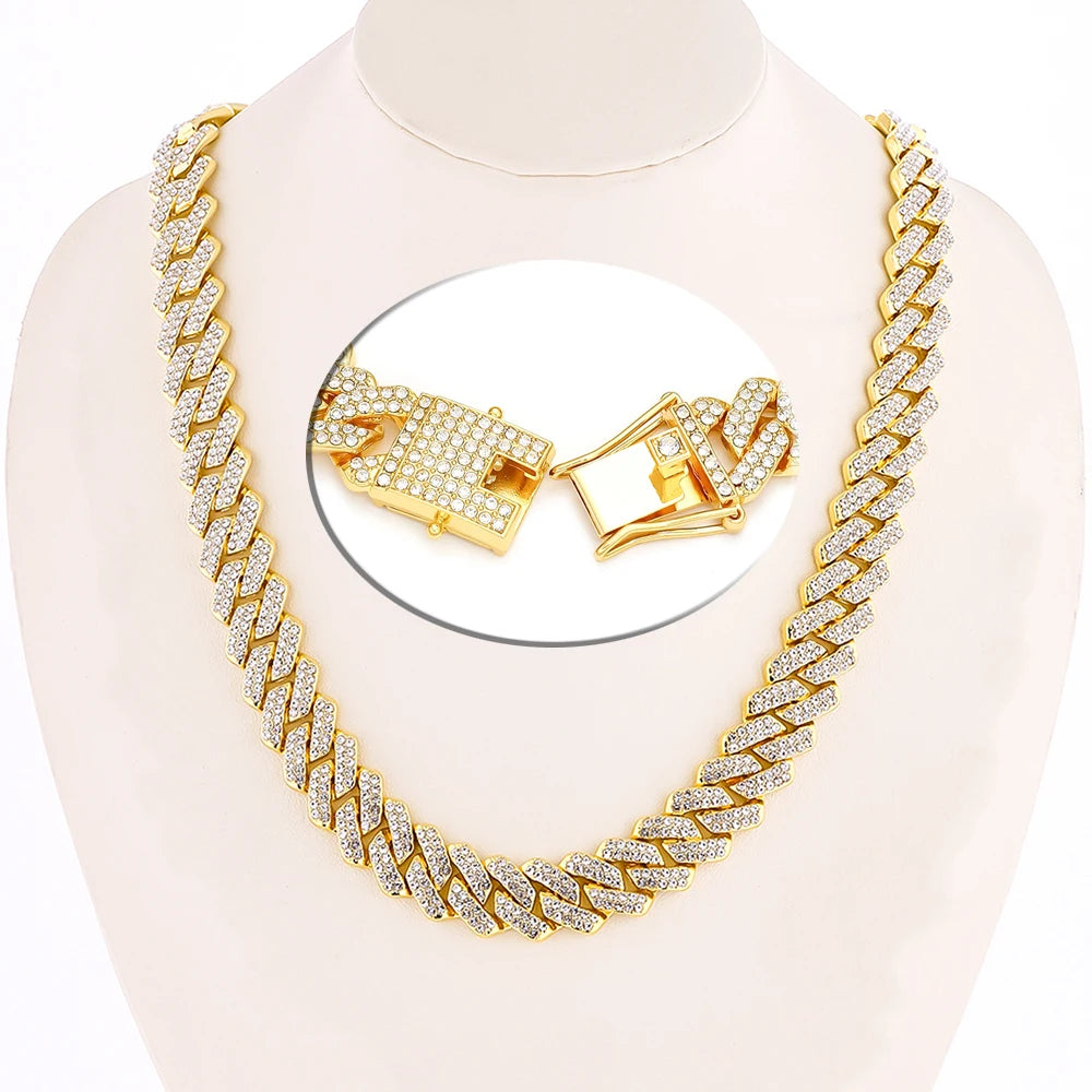 Lunarelle 15MM Iced Out Cuban Chain – Hip Hop Rhinestone Necklace