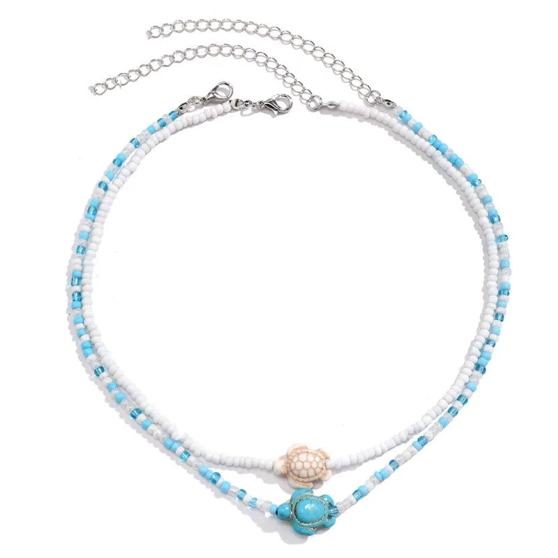 Lunarelle Tidepool Starfish Necklace – Boho Surf Beaded Choker with Turtle & Ocean-Inspired Charm