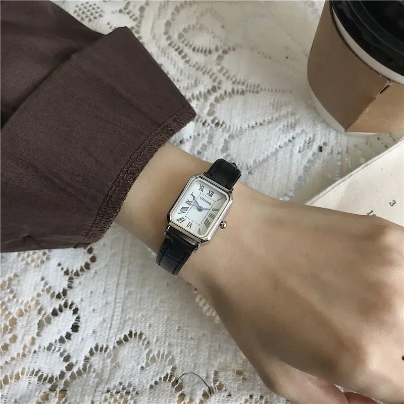 Lunarelle Retro Rectangle Watch – Classic Quartz Leather Strap for Women