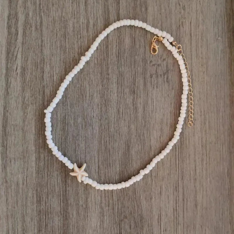 Lunarelle Tidepool Starfish Necklace – Boho Surf Beaded Choker with Turtle & Ocean-Inspired Charm