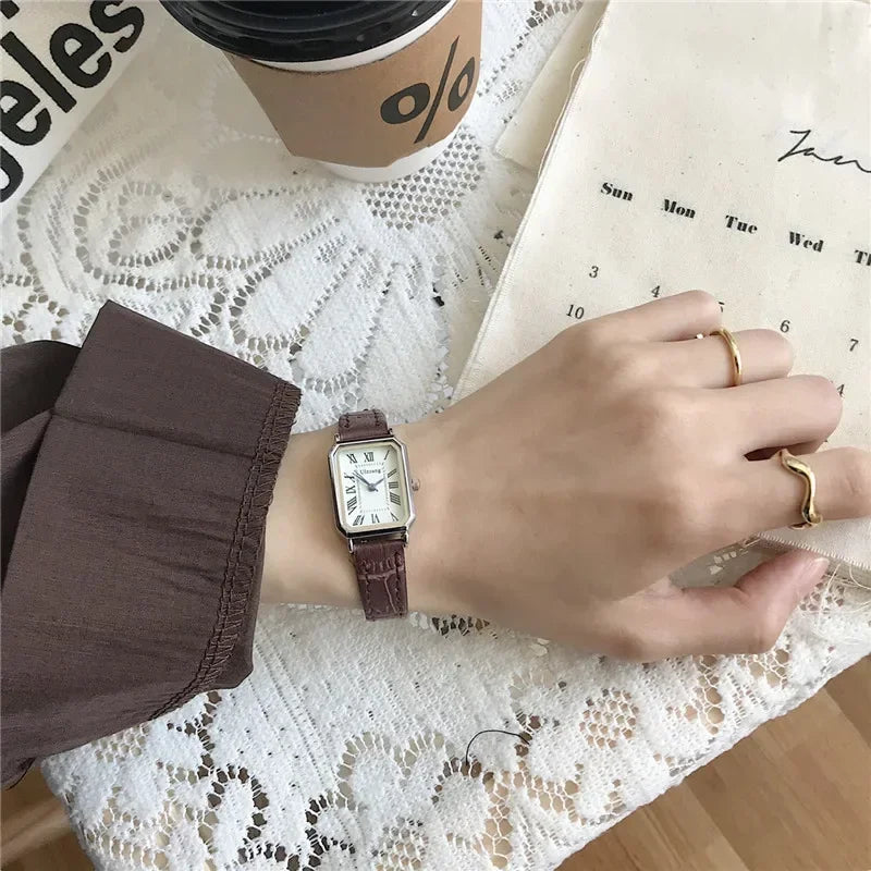 Lunarelle Retro Rectangle Watch – Classic Quartz Leather Strap for Women