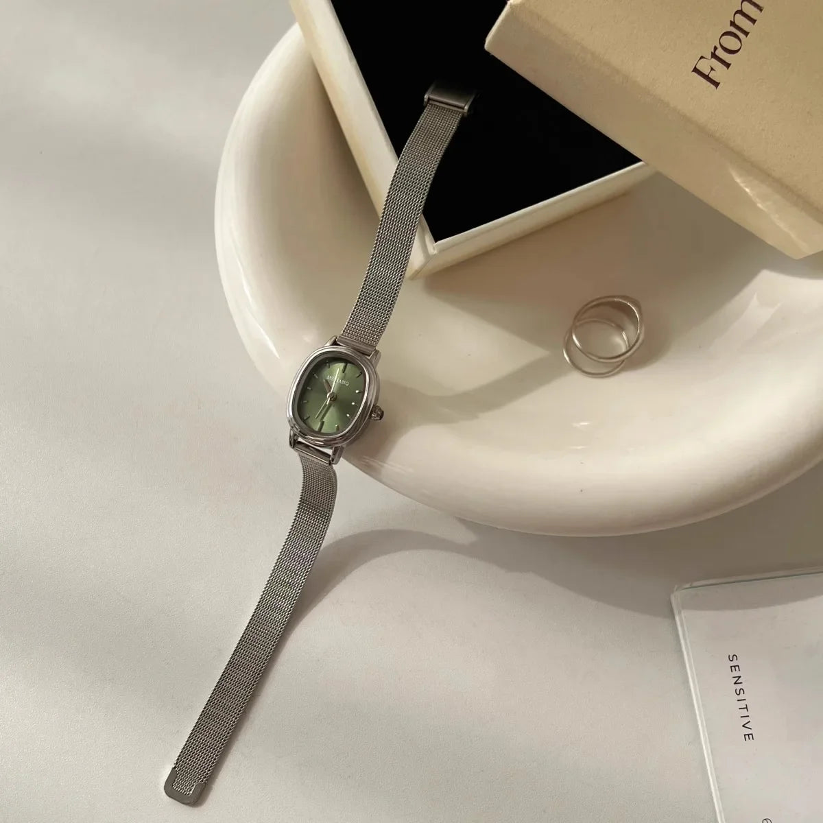 Lunarelle Small Oval Green Dial Watch – Simple Stainless Steel Quartz Wristwatch for Women