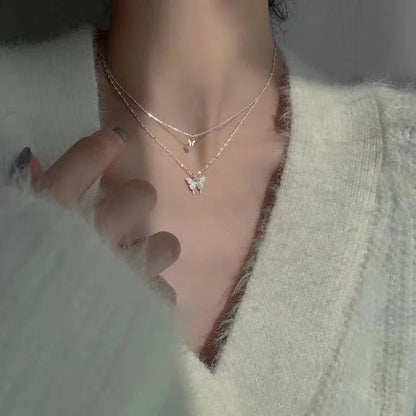 Lunarelle Shiny Butterfly Necklace – Double-Layer Clavicle Chain for Ladies