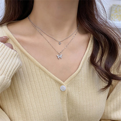 Lunarelle Shiny Butterfly Necklace – Double-Layer Clavicle Chain for Ladies
