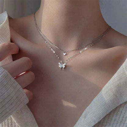 Lunarelle Shiny Butterfly Necklace – Double-Layer Clavicle Chain for Ladies
