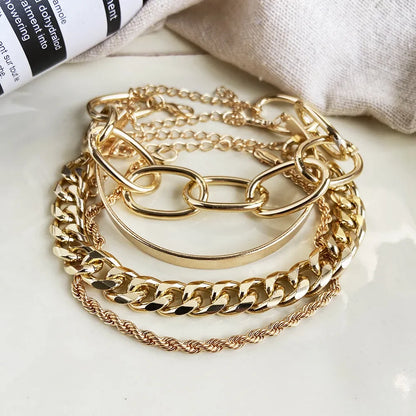 Lunarelle Bohemian Gold Chain Bracelet Set – Thick Link & Open Bangle