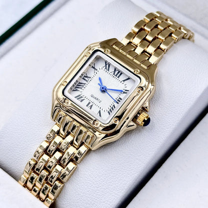 Lunarelle Square Gold Watch – Luxury Alloy Strap Quartz Wristwatch with Roman Scale for Women