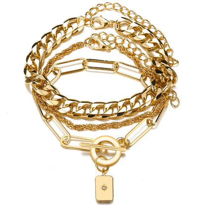 Lunarelle Bohemian Gold Chain Bracelet Set – Thick Link & Open Bangle