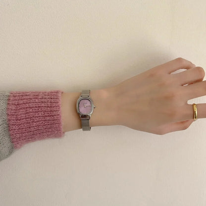 Lunarelle Small Oval Green Dial Watch – Simple Stainless Steel Quartz Wristwatch for Women