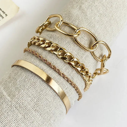 Lunarelle Bohemian Gold Chain Bracelet Set – Thick Link & Open Bangle