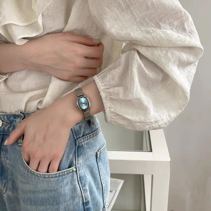 Lunarelle Small Oval Green Dial Watch – Simple Stainless Steel Quartz Wristwatch for Women