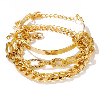 Lunarelle Bohemian Gold Chain Bracelet Set – Thick Link & Open Bangle