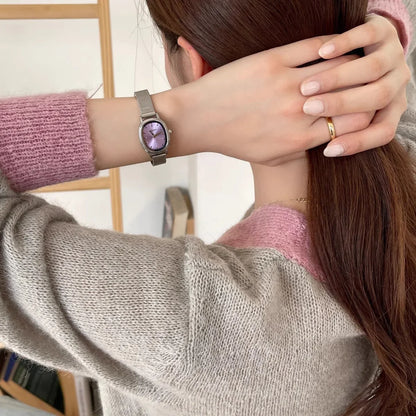 Lunarelle Small Oval Green Dial Watch – Simple Stainless Steel Quartz Wristwatch for Women