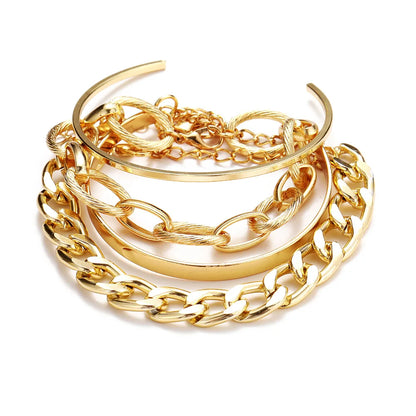 Lunarelle Bohemian Gold Chain Bracelet Set – Thick Link & Open Bangle