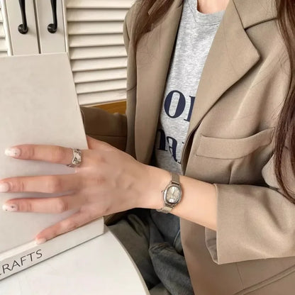 Lunarelle Small Oval Green Dial Watch – Simple Stainless Steel Quartz Wristwatch for Women