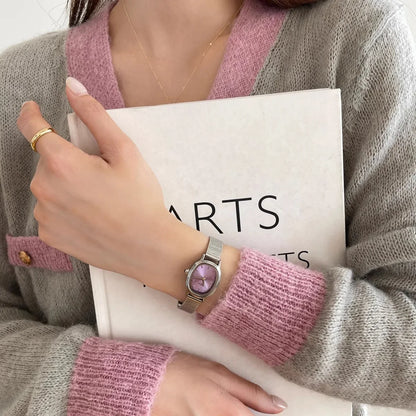 Lunarelle Small Oval Green Dial Watch – Simple Stainless Steel Quartz Wristwatch for Women