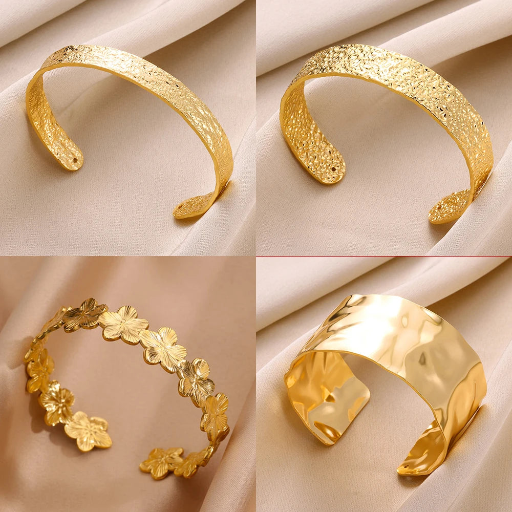 Lunarelle Chunky Flower Cuff – Gold Stainless Steel Bangle for Women