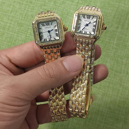 Lunarelle Square Gold Watch – Luxury Alloy Strap Quartz Wristwatch with Roman Scale for Women
