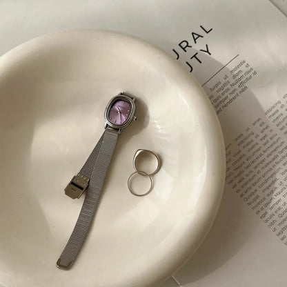 Lunarelle Small Oval Green Dial Watch – Simple Stainless Steel Quartz Wristwatch for Women