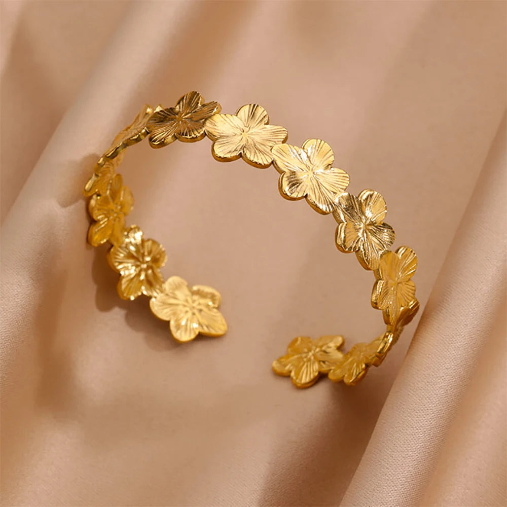 Lunarelle Chunky Flower Cuff – Gold Stainless Steel Bangle for Women