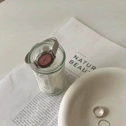 Lunarelle Small Oval Green Dial Watch – Simple Stainless Steel Quartz Wristwatch for Women