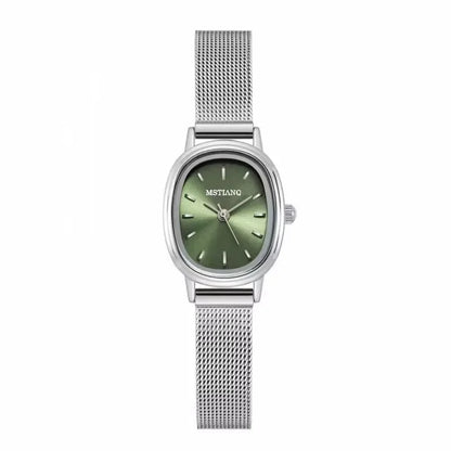 Lunarelle Small Oval Green Dial Watch – Simple Stainless Steel Quartz Wristwatch for Women