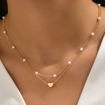 Lunarelle 3pc Pearl Necklace Set – 14K Gold Heart Pendant, Waterproof & Hypoallergenic