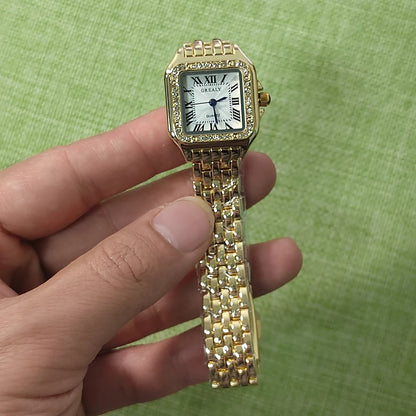 Lunarelle Square Gold Watch – Luxury Alloy Strap Quartz Wristwatch with Roman Scale for Women