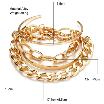 Lunarelle Bohemian Gold Chain Bracelet Set – Thick Link & Open Bangle