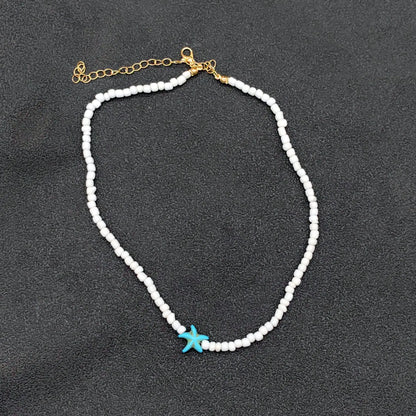 Lunarelle Tidepool Starfish Necklace – Boho Surf Beaded Choker with Turtle & Ocean-Inspired Charm