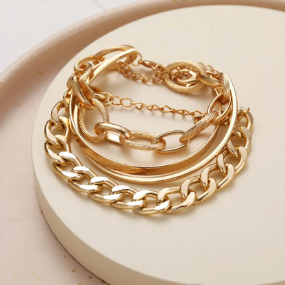 Lunarelle Bohemian Gold Chain Bracelet Set – Thick Link & Open Bangle
