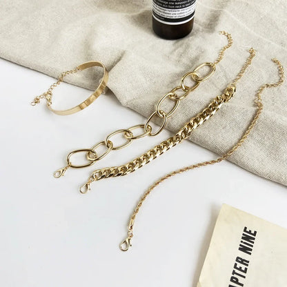 Lunarelle Bohemian Gold Chain Bracelet Set – Thick Link & Open Bangle