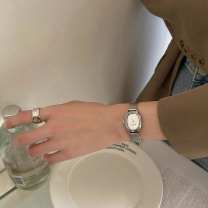 Lunarelle Small Oval Green Dial Watch – Simple Stainless Steel Quartz Wristwatch for Women