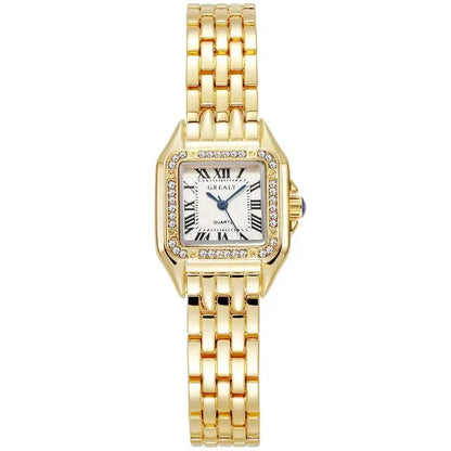 Lunarelle Square Gold Watch – Luxury Alloy Strap Quartz Wristwatch with Roman Scale for Women