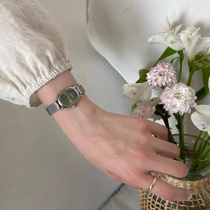 Lunarelle Small Oval Green Dial Watch – Simple Stainless Steel Quartz Wristwatch for Women