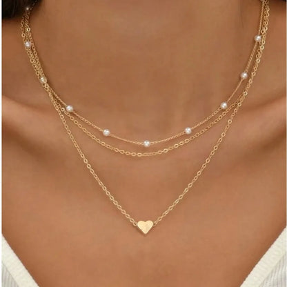 Lunarelle 3pc Pearl Necklace Set – 14K Gold Heart Pendant, Waterproof & Hypoallergenic