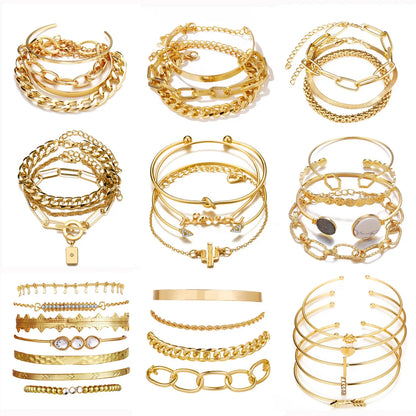 Lunarelle Bohemian Gold Chain Bracelet Set – Thick Link & Open Bangle